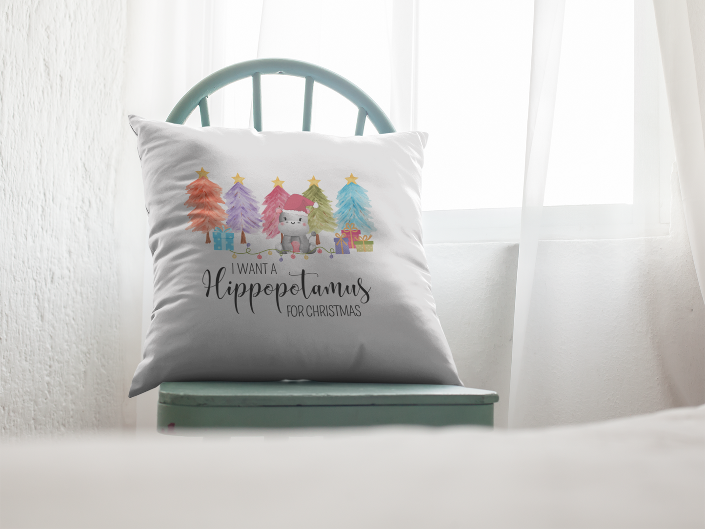 "Hippopotamus for Christmas" 16x16 Square Pillow