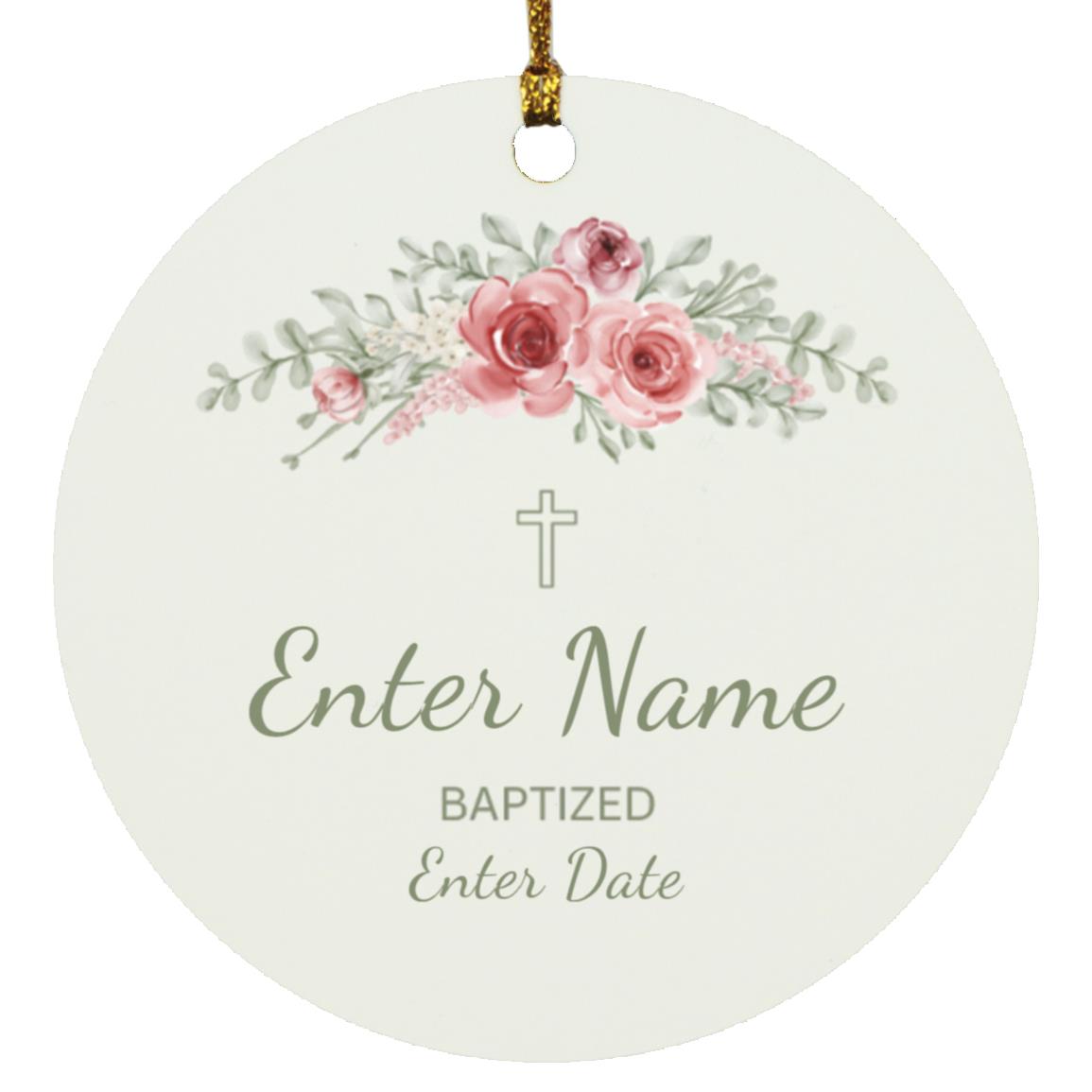 Pink & Gray Flower Personalized Baptism Ornament