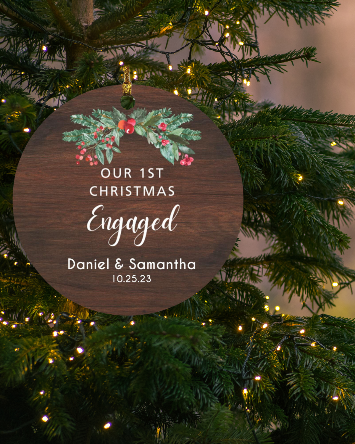 First Christmas Engaged Personalized Ornament | Available in Circle & Heart Shapes