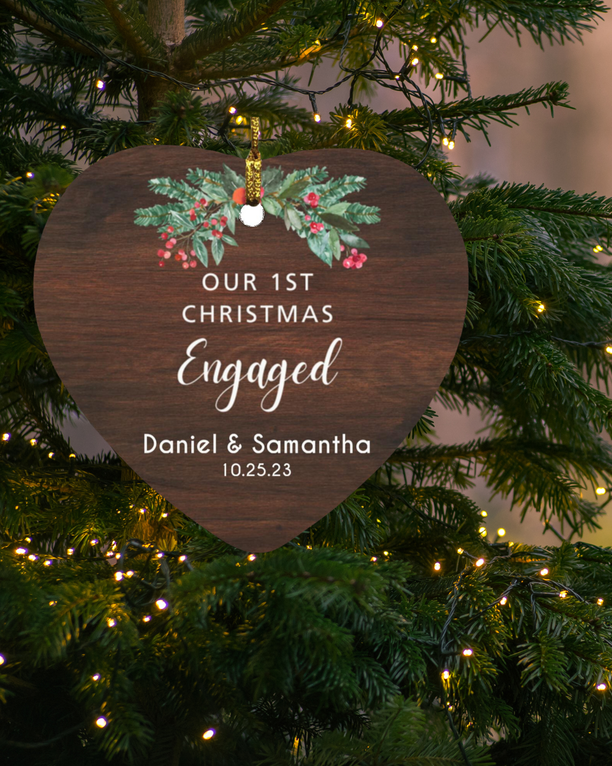 First Christmas Engaged Personalized Ornament | Available in Circle & Heart Shapes