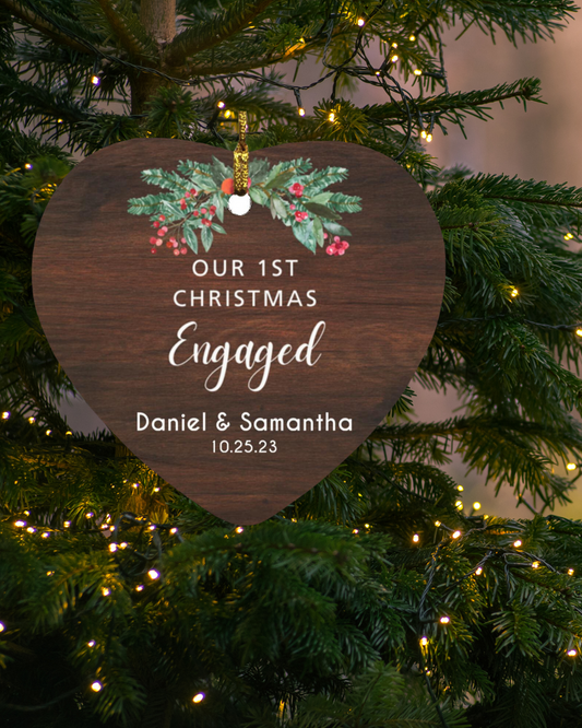 First Christmas Engaged Personalized Ornament | Available in Circle & Heart Shapes