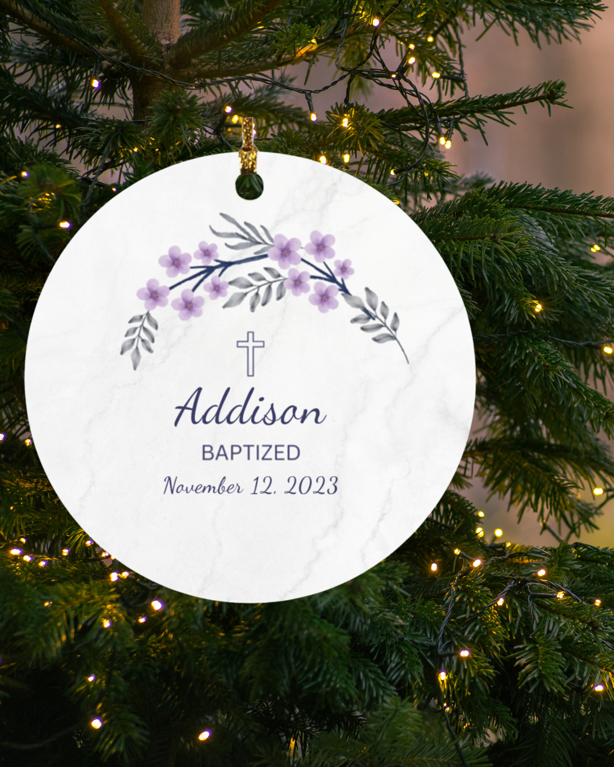 Purple Flower Personalized Baptism Ornament