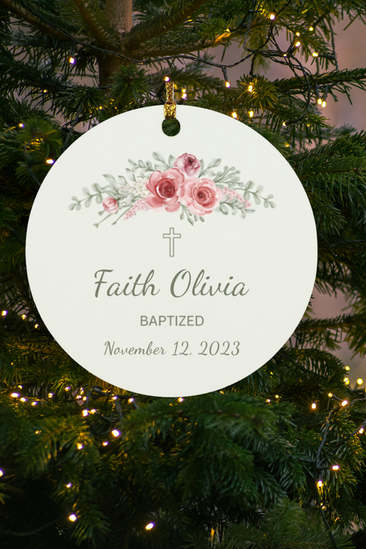 Pink & Gray Flower Personalized Baptism Ornament